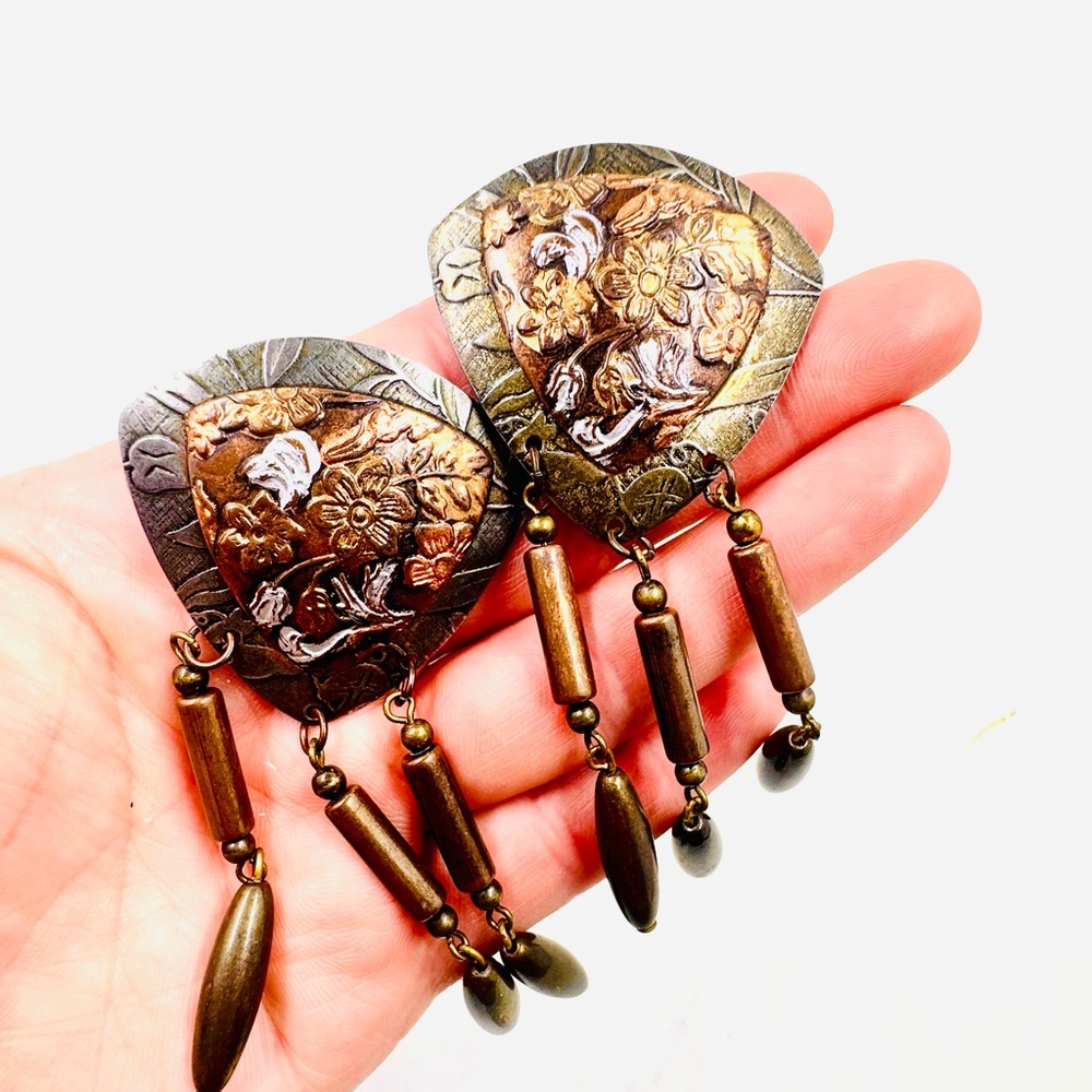 Vintage Artisan Floral Bronze & Gold Floral Embosses Dangle Earrings